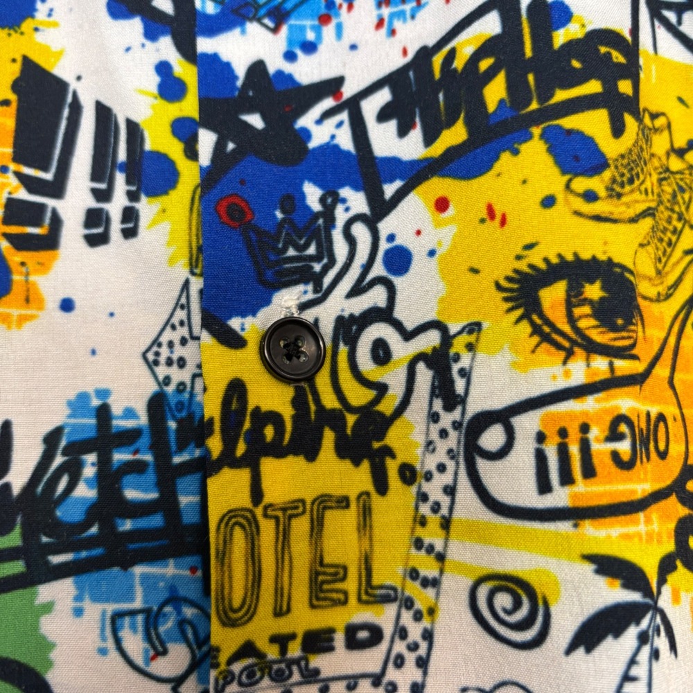 Suslo Couture Mens Slim Fit Graffiti Pop Art Button Down Shirt Multi Color M - Picture 6 of 13